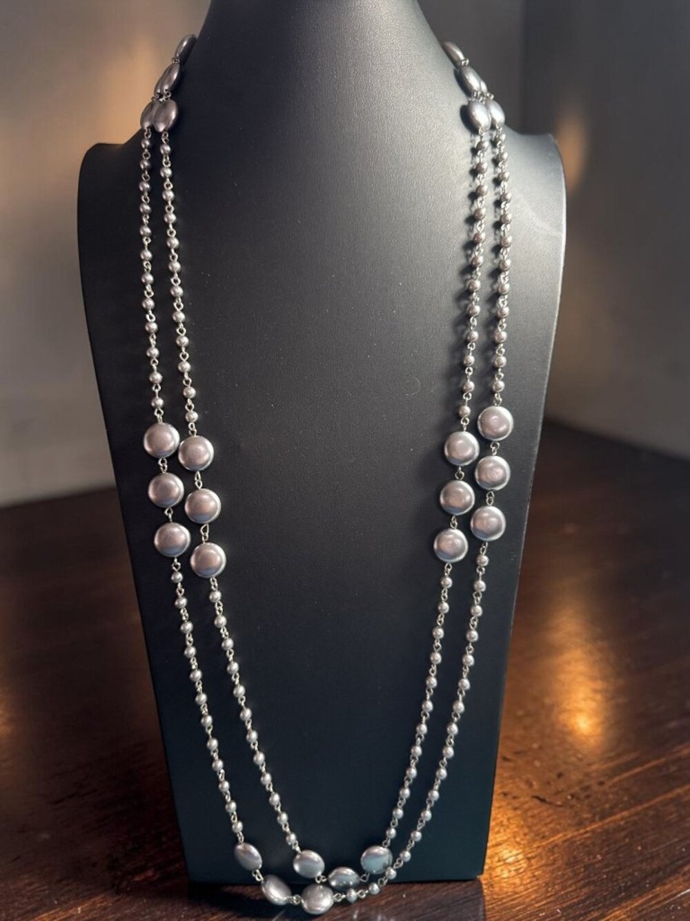 Double Strand Metallic Bead Necklace Gray Lavender Faux Pearls Long Layered Eleg
